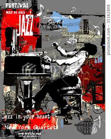 Jazz poster with pianist over grunge background 35162808