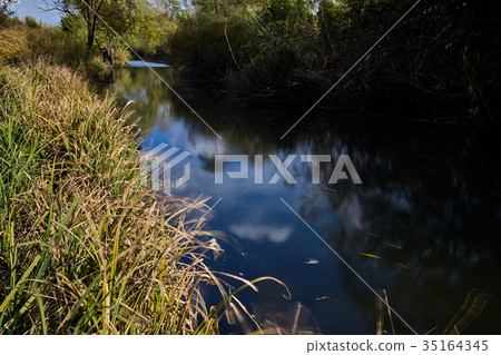 Early autumn landscape. Wild river flowing along Early autumn landscape. Wild river flowing along 35164345