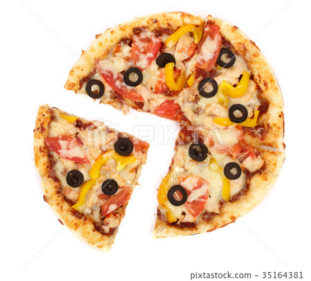 pizza with tomato cheese and olives isolated on 35164381