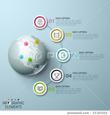 5 multicolored circular elements, icons inside and 5 multicolored circular elements, icons inside and 35165054