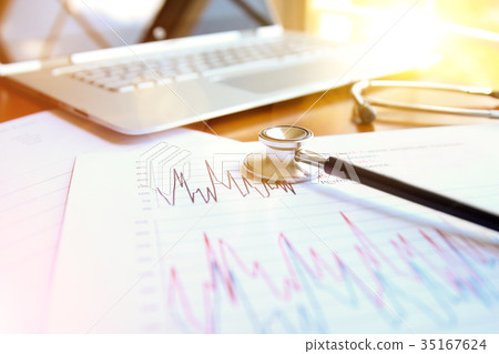 prescription, laptop, phonendoscope doctor`s table prescription, laptop, phonendoscope doctor`s table 35167624