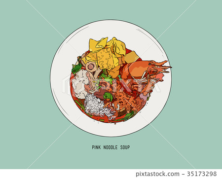Yen Ta Four, pink noodle soup. hand draw vector. 35173298