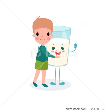 Cute boy hugging humanized glass of milk with Cute boy hugging humanized glass of milk with 35180132