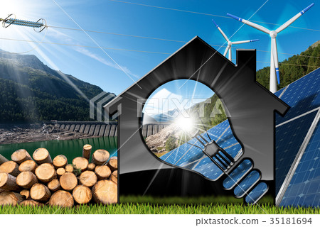 House with Light bulb and Renewable Resources House with Light bulb and Renewable Resources 35181694