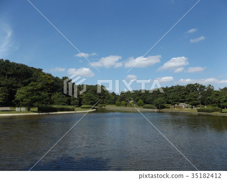 Scenery with pond and trees, blue sky and white clouds of inage park like parkyard garden 35182412