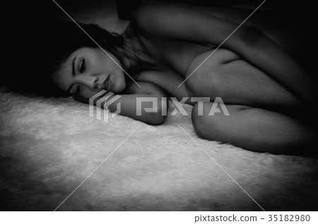 Portrait of young woman brunette with beautiful nude topless bre 35182980