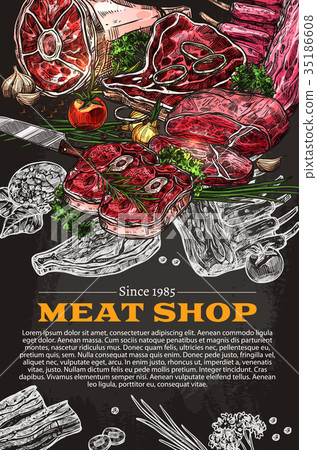 Vector poster of butchery shop meat product sketch Vector poster of butchery shop meat product sketch 35186608