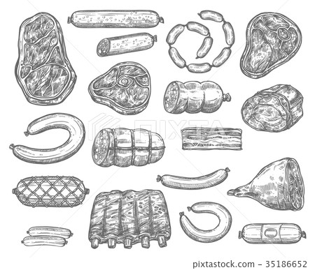 Vector sketch icons of meat products and sausages Vector sketch icons of meat products and sausages 35186652