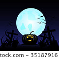 Halloween pumpkins in cemetery on blue Moon 35187916