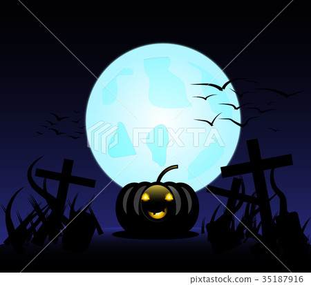 Halloween pumpkins in cemetery on blue Moon Halloween pumpkins in cemetery on blue Moon 35187916
