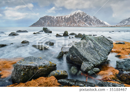 Rocky coast of fjord in Norway 35188467