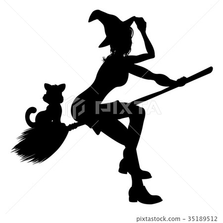 Silhouette Witch and Cat Flying On Broomstick Silhouette Witch and Cat Flying On Broomstick 35189512