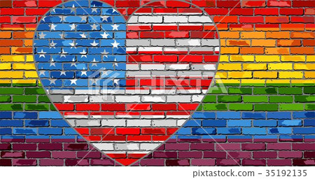 LGBT flag on a brick wall with the USA heart 35192135