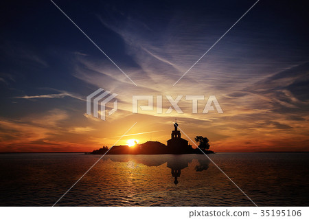 Summer sunset on the lake church 35195106