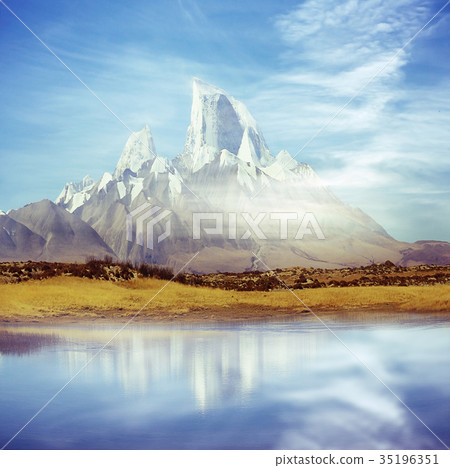mountains. snow peaks near the lake landscape 35196351