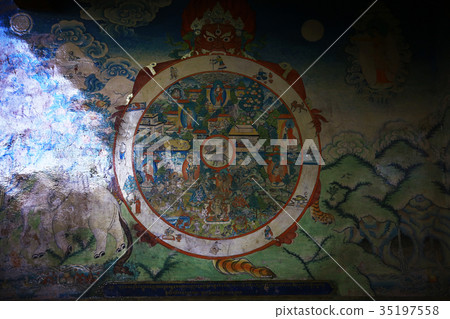 Buddhist religious symbols inscriptions in Tibet old runes 35197558