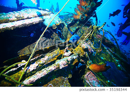 shipwreck, diving on a sunken ship, underwater landscape 35198344