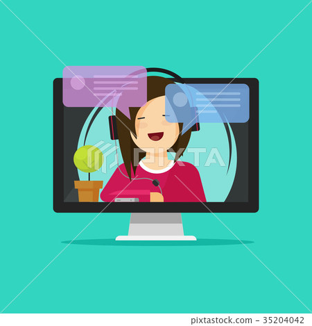 Flat cartoon girl in headset chatting, talking on Flat cartoon girl in headset chatting, talking on 35204042