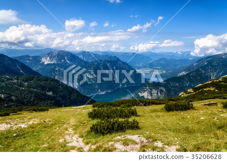 Scenic view of alps mountains and Hallstatt lake a Scenic view of alps mountains and Hallstatt lake a 35206628