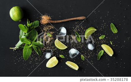 Ingredients for mojito. Fresh mint, limes, ice 35208178