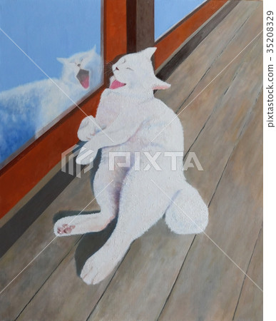 Yawning white cat (oil painting) 35208329
