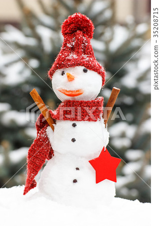 Decorated snowman with woolen scarf and cap 35208715