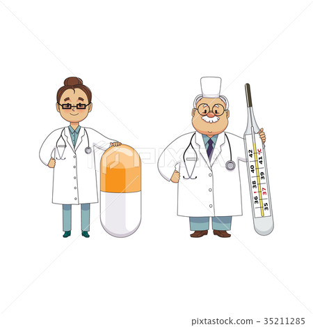 Funny doctors with giant pill and thermometer Funny doctors with giant pill and thermometer 35211285