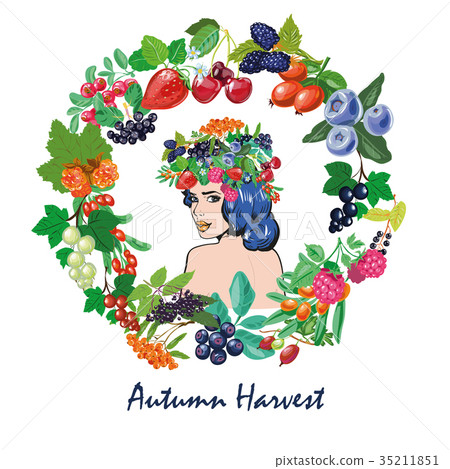 Woman with berries frame and wreath autumn harvest Woman with berries frame and wreath autumn harvest 35211851