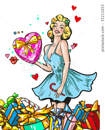 Pin up woman with gifts blond girl character happy 35211855