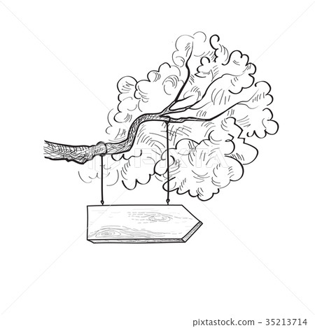 Wooden road sign on tree branch. Plank signboard - Stock Illustration ...