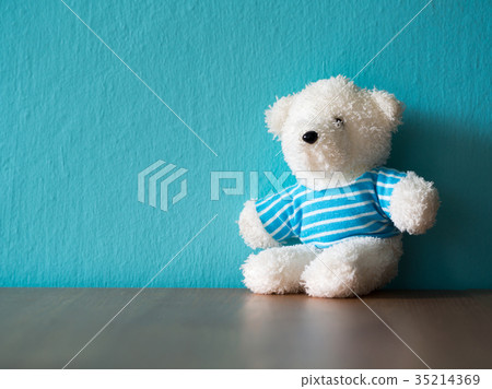 The white teddy bear wear a blue shirt and sitting 35214369