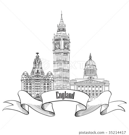 图库插图 uk label famous landmark set travel england sign