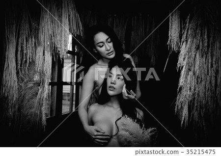 Portrait of young woman brunette with beautiful nude topless bre Portrait of young woman brunette with beautiful nude topless bre 35215475