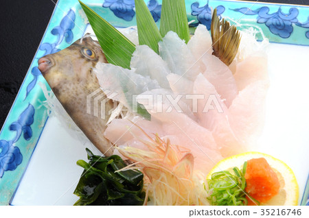 Kawahagi生魚片現場施工 照片素材 圖片 圖庫