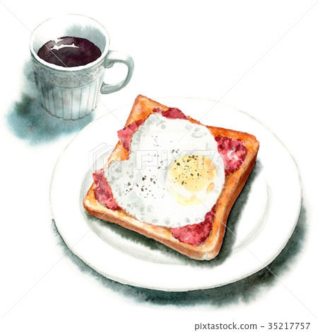 Analog watercolor bacon egg toast and hot coffee on white plate 35217757