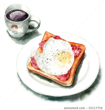 Analog watercolor bacon egg toast and hot coffee on white plate 35217758