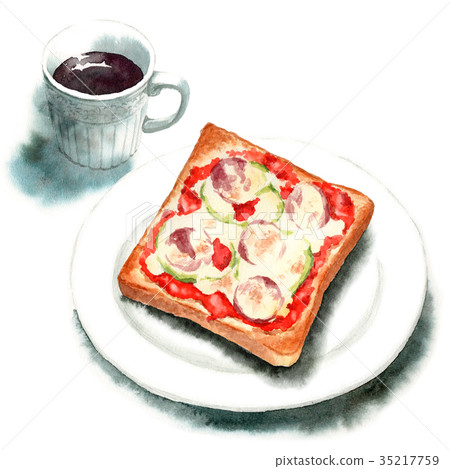 白盤上的模擬水彩披薩吐司和熱咖啡 35217759