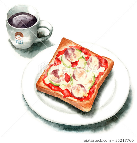 Analog watercolor pizza toast and hot coffee on white plate Analog watercolor pizza toast and hot coffee on white plate 35217760