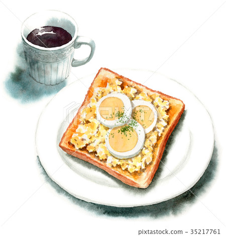 模擬水彩雞蛋沙拉、烤麵包佐水煮蛋片和熱咖啡 模擬水彩雞蛋沙拉、烤麵包佐水煮蛋片和熱咖啡 35217761