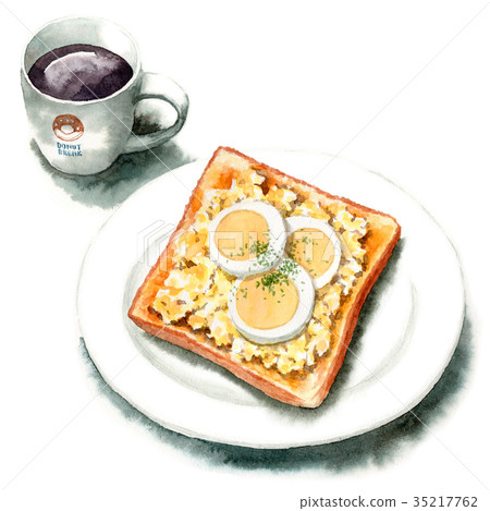 Analog watercolor egg salad, toast with slices of boiled egg, and hot coffee 35217762