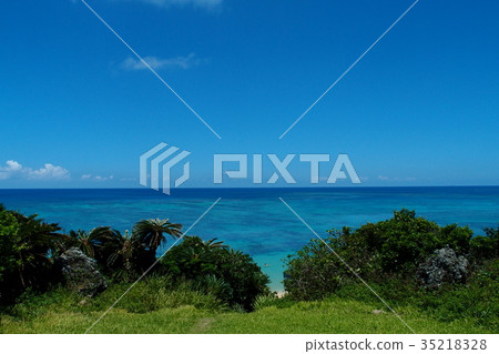 石垣島海灘從藍天到大海的漸變。地平線和榕樹。接下來是八重山 石垣島海灘從藍天到大海的漸變。地平線和榕樹。接下來是八重山 35218328