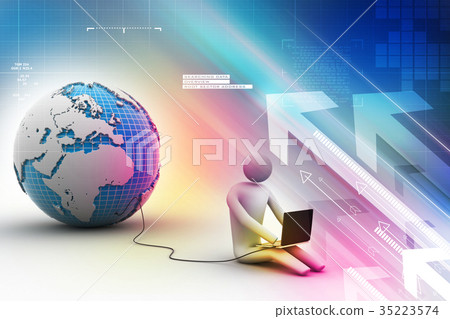 3d man sit near the globe with laptop 3d man sit near the globe with laptop 35223574