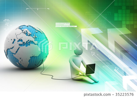 3d man sit near the globe with laptop 3d man sit near the globe with laptop 35223576
