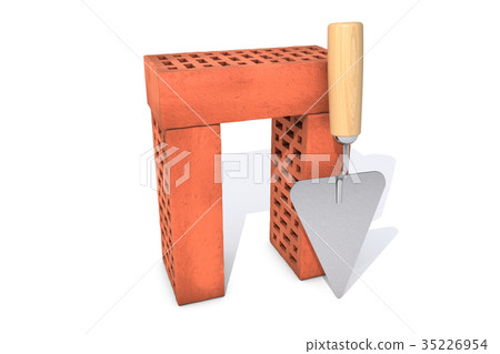 Three red silicate bricks stacked in a pile with a trowel Isolated on white background.  35226954