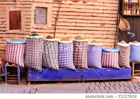 Big bags with herbs and spices in medina Marrakesh 35227628