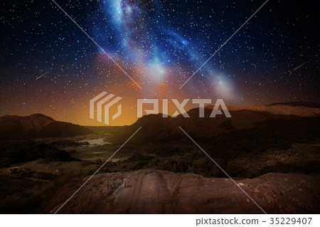 mountain landscape over night sky or space mountain landscape over night sky or space 35229407