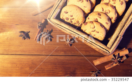 close up of oat cookies on wooden table 35229547