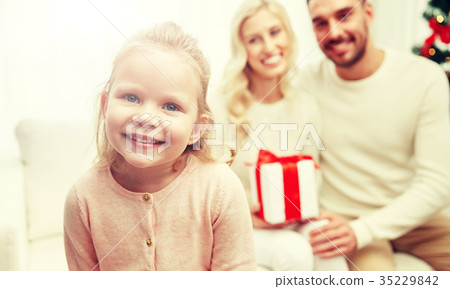 happy family at home with christmas gift box happy family at home with christmas gift box 35229842