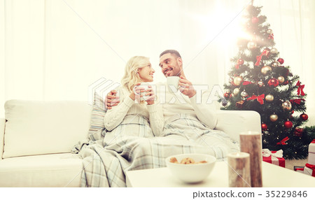 happy couple at home with christmas tree 35229846