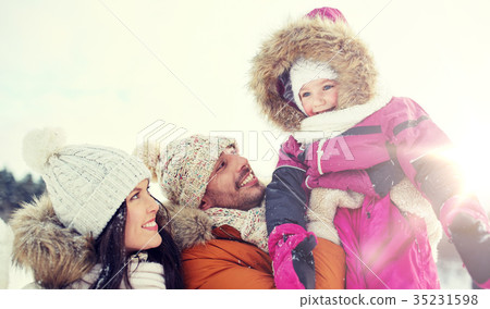 happy family with child in winter clothes outdoors happy family with child in winter clothes outdoors 35231598